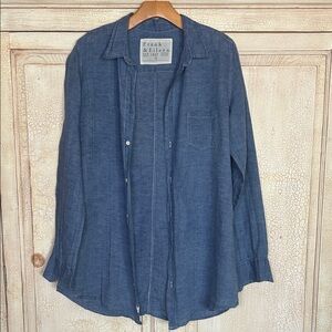 Frank & Eileen Shirley Button Oversized Shirt 100% Linen Blue Coastal Size M